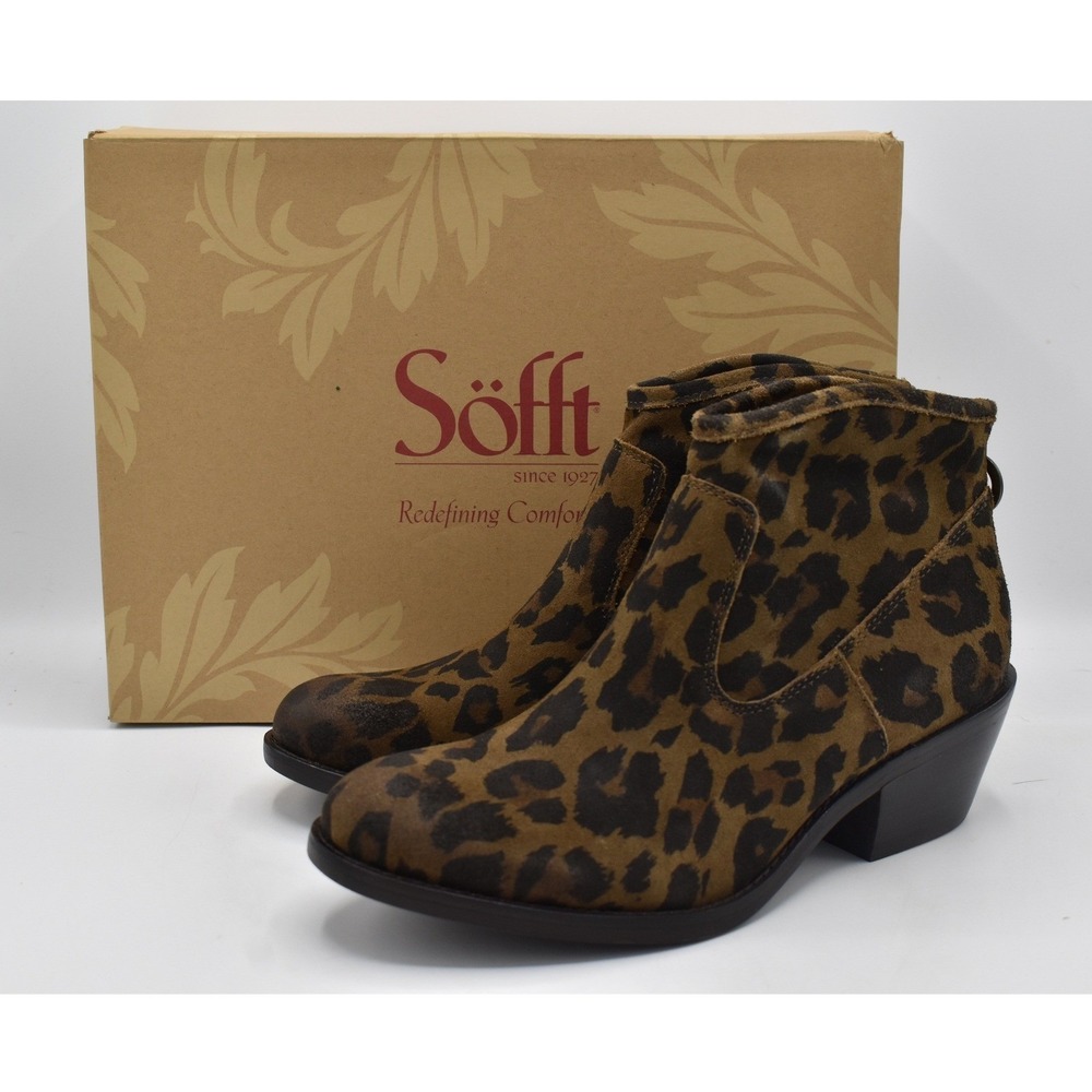 Sofft Aisley Ankle Boots Women 8 Brown Leopard Suede Block Heel Bootie Shoes